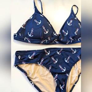 JCREW Bikini Set, Nautical Print, Navy, Size X-Large top, Large Bottom.